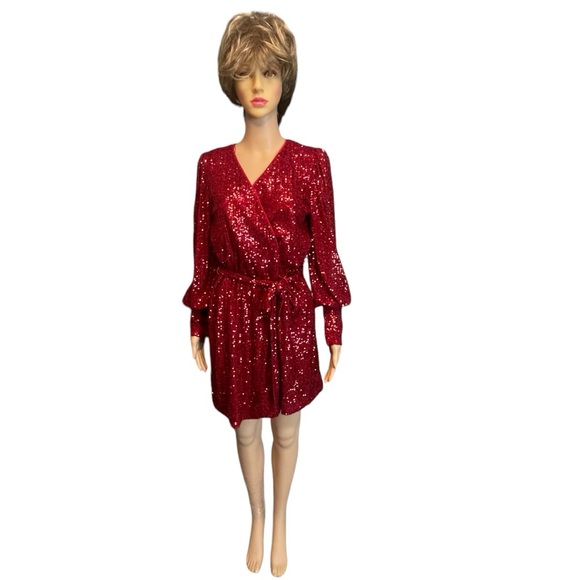 Gianni Bini Long Blouson Sleeve Wrap Mini Dress Red Sequin - Picture 3 of 8